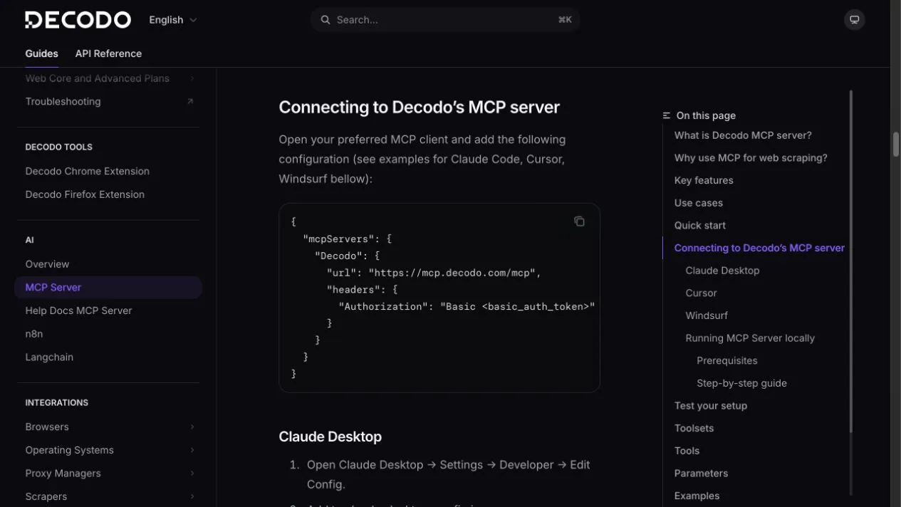 Official Decodo documentation showing the remote MCP server URL and Authorization Basic header configuration.