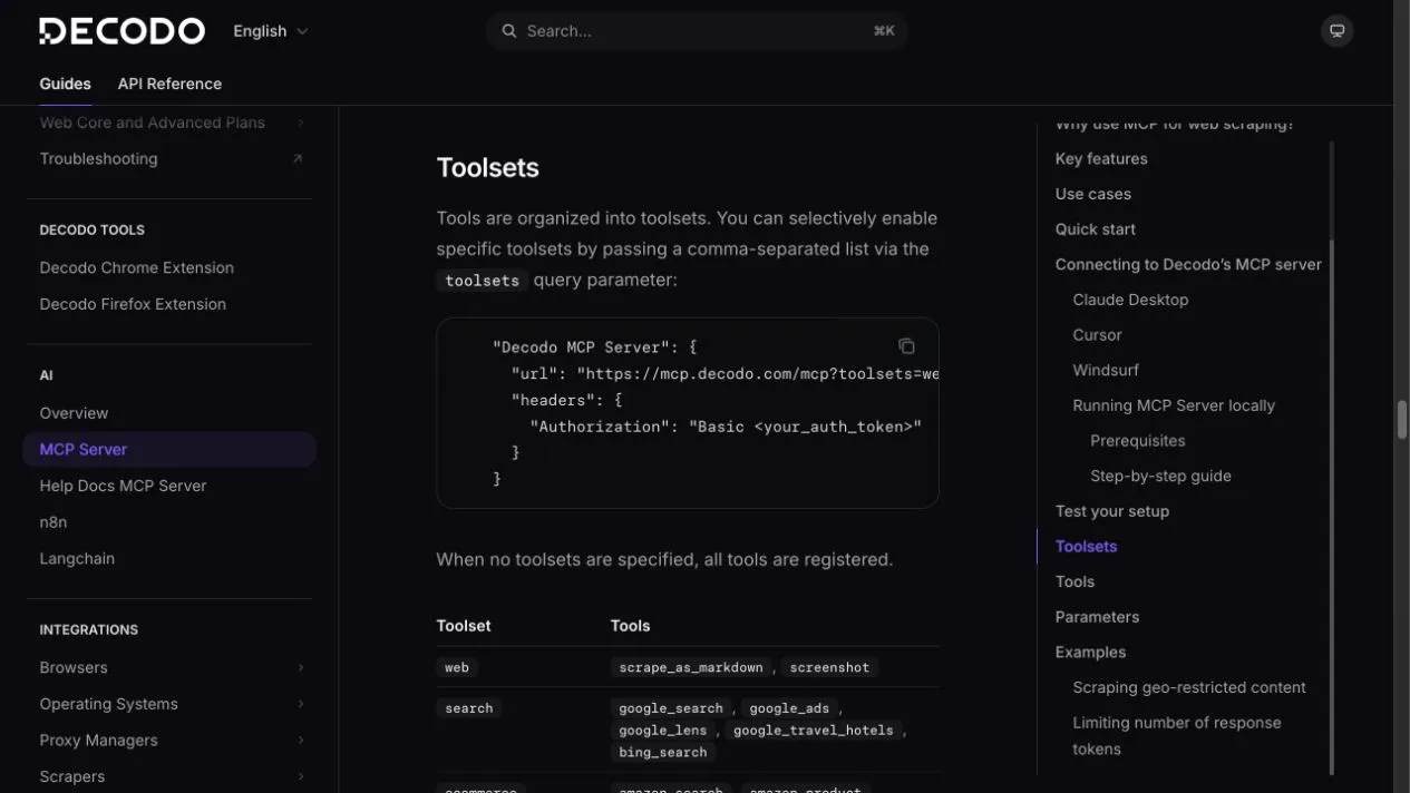 Official Decodo MCP documentation showing toolsets and the web and search tools they enable.