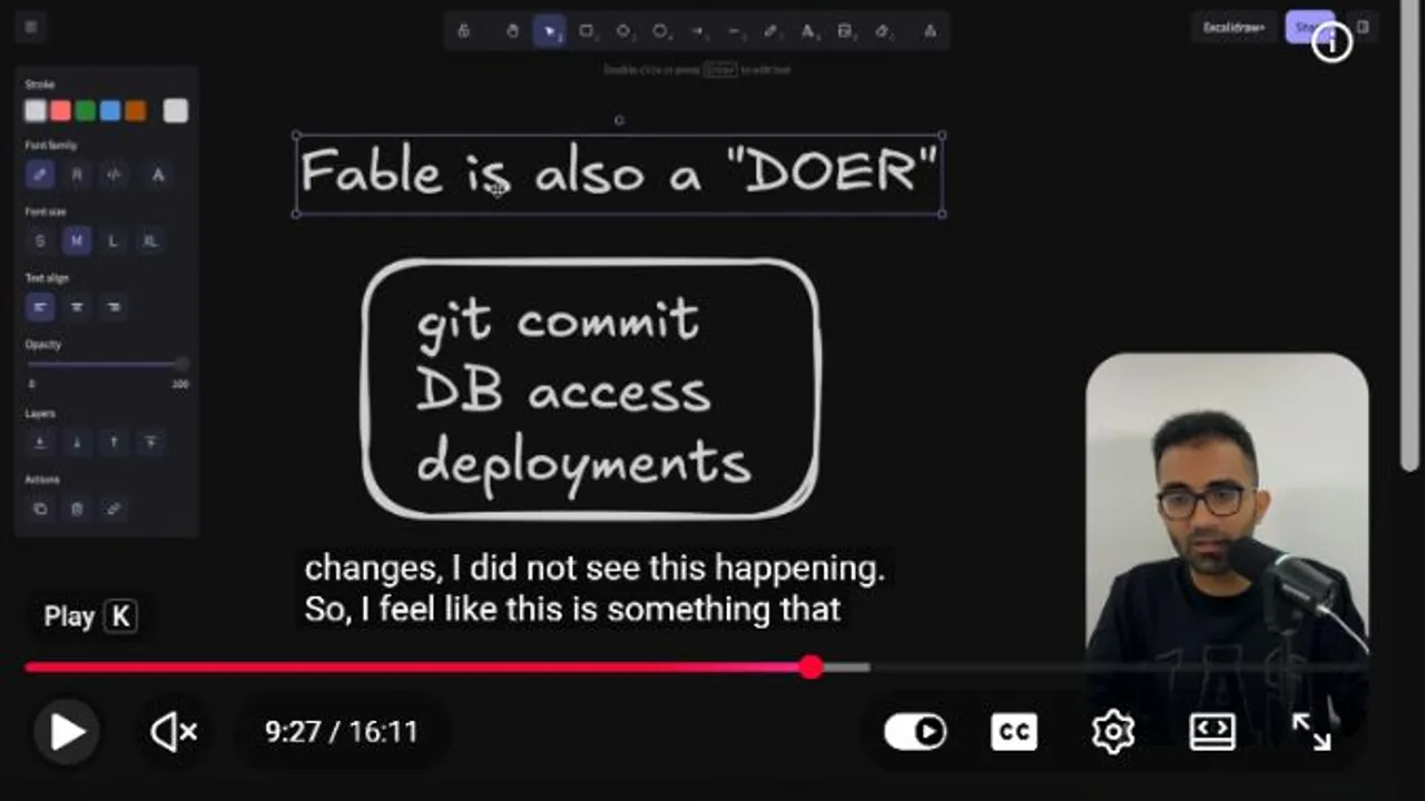 Mehul Mohan's Fable 5 review frame listing git commits, database access, and deployments while discussing unobserved changes