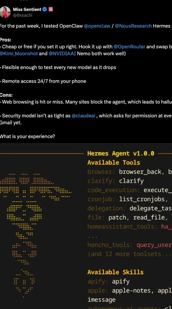 Public X post from Miss Sentient describing one week of Hermes use with mobile access benefits and security concerns