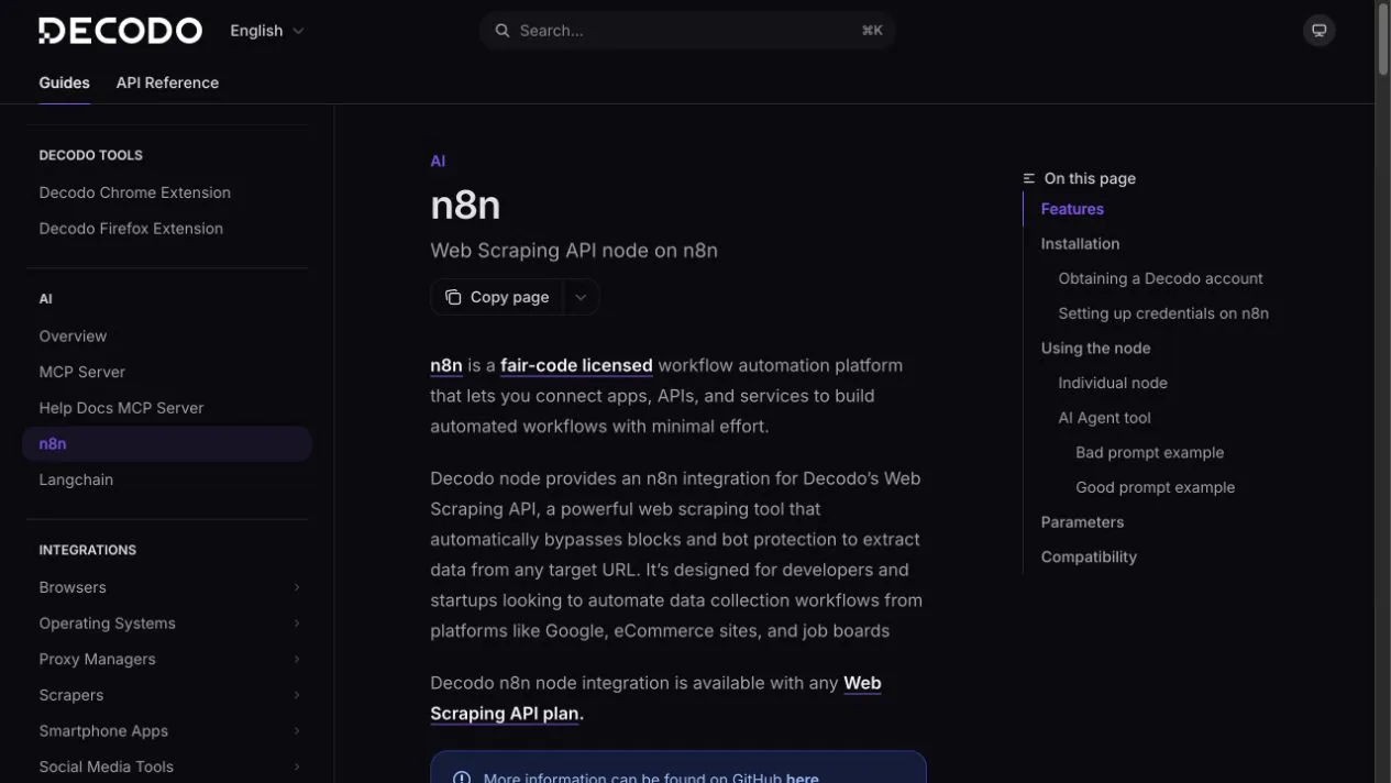 Official Decodo n8n integration documentation showing installation, credentials, individual-node use, AI Agent use, parameters, and compatibility.