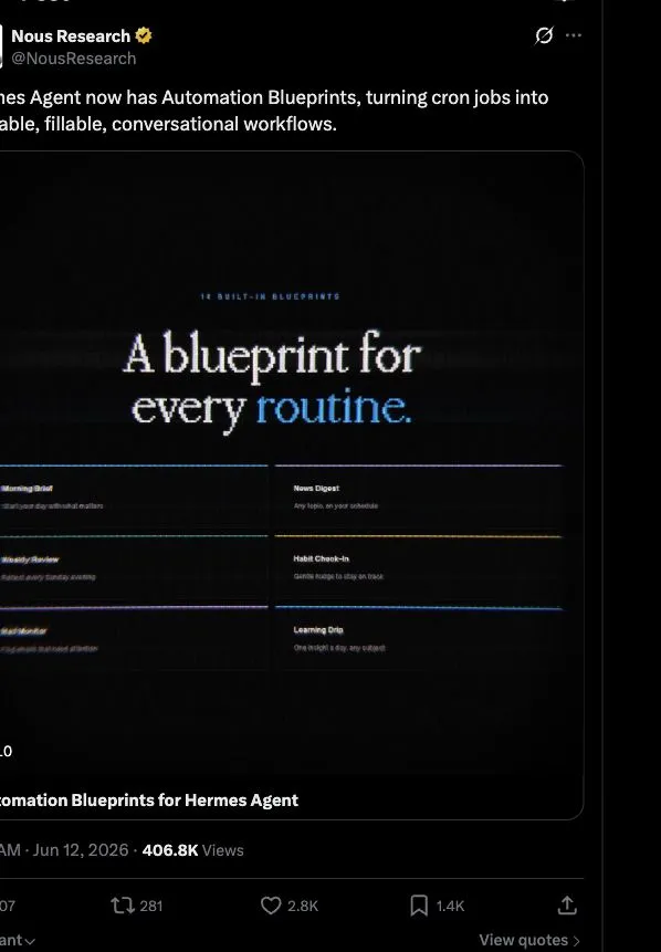 Public Nous Research X post introducing clickable fillable conversational Automation Blueprints for Hermes Agent