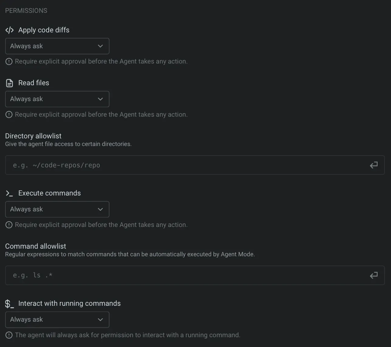 Official Warp Agent permissions panel for file reads, code diffs, plans, commands, and terminal interaction
