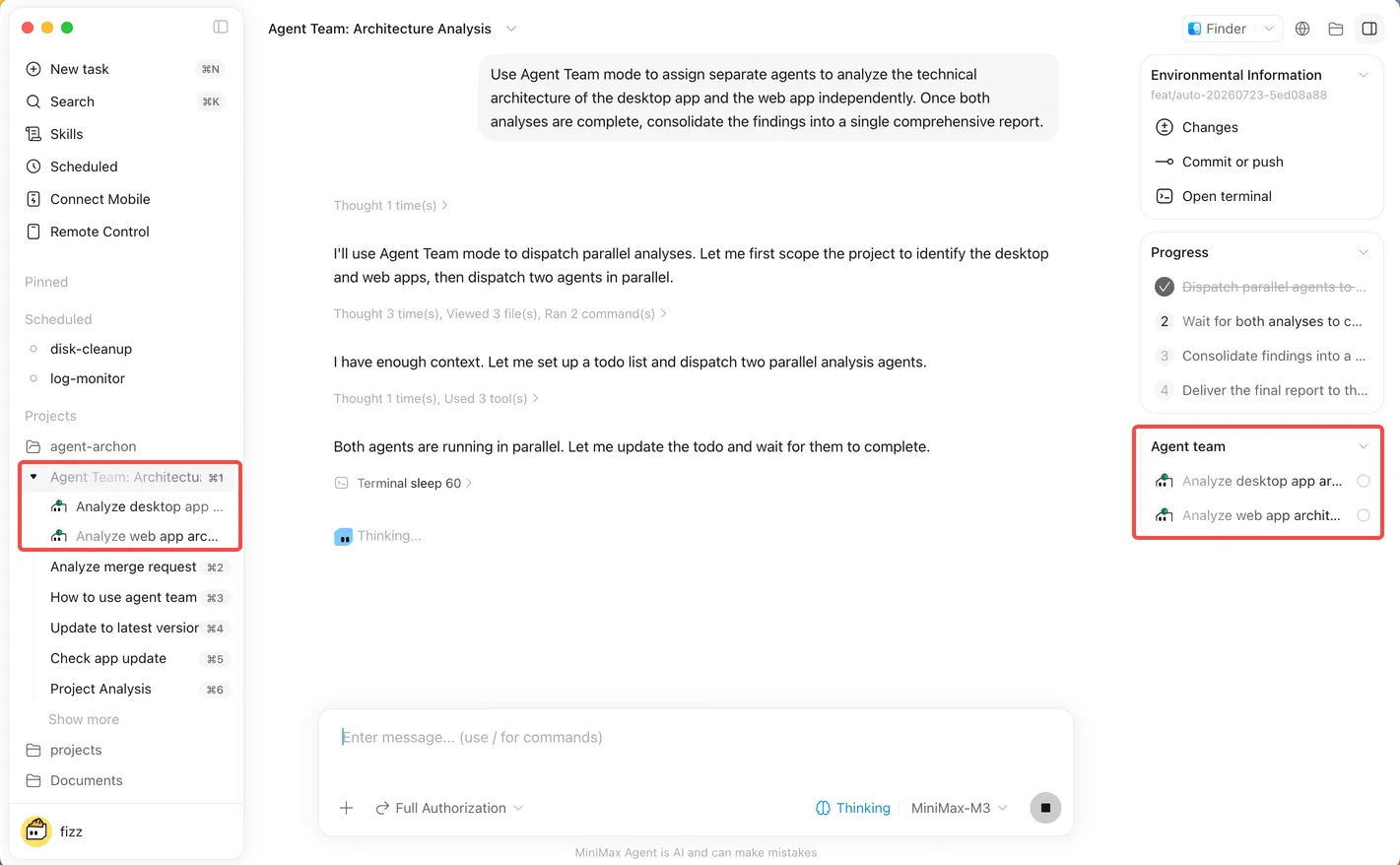 Official MiniMax Code Agent Team progress view showing coordinated subtasks