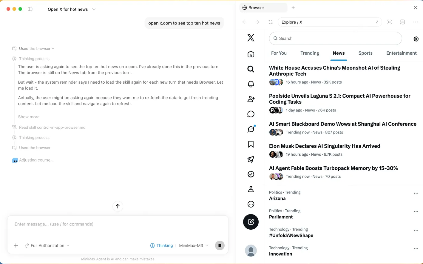 Official MiniMax Code built-in Browser panel beside an active desktop task
