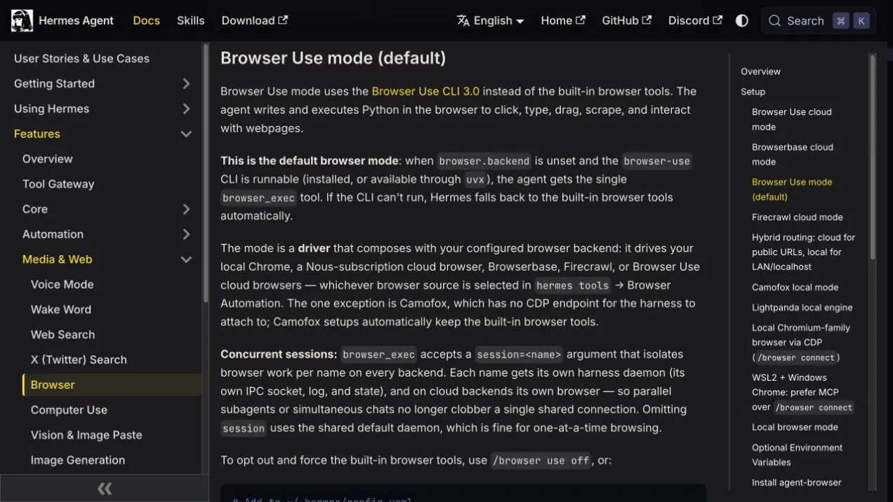 Official Hermes documentation explaining when Browser Use mode is the default