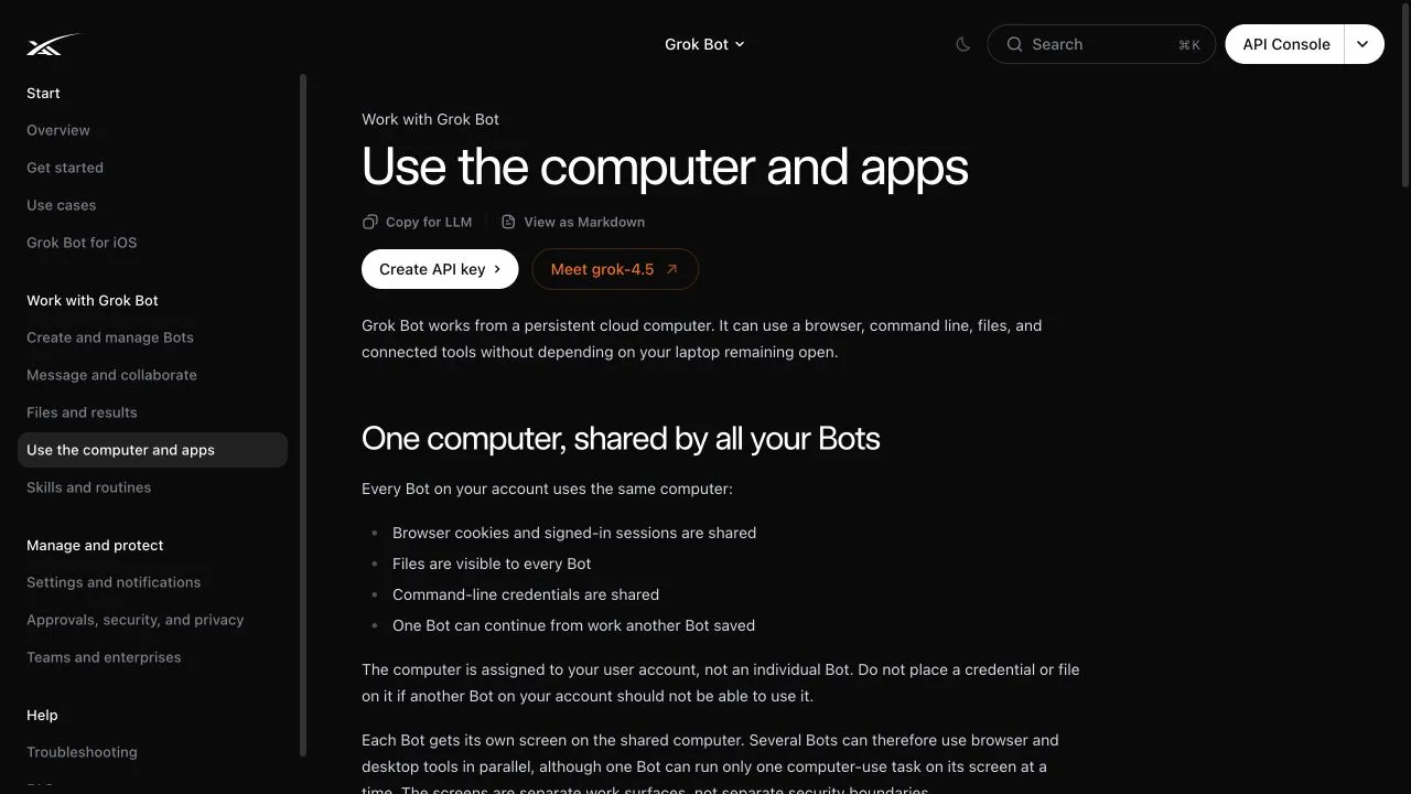 Official SpaceXAI documentation explaining that all Grok Bots share one cloud computer and separate screens are not security boundaries