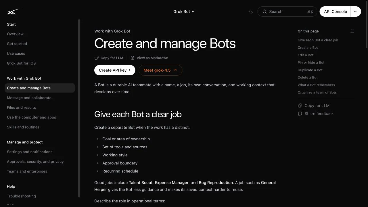 Official SpaceXAI Create and manage Bots documentation showing advice for giving each Bot a clear job