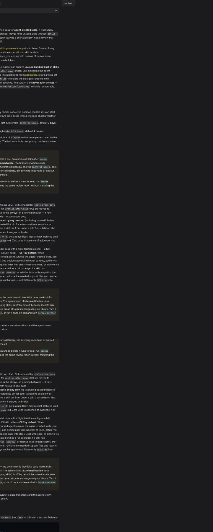 Screenshot of the official Hermes Agent Curator documentation showing the feature overview, seven-day interval, two-hour idle requirement, 30- and 90-day lifecycle, cron protection, opt-in consolidation, and configuration defaults
