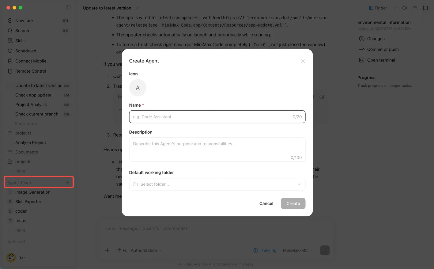 Official MiniMax Code custom Agent settings with role, workspace, and instruction controls