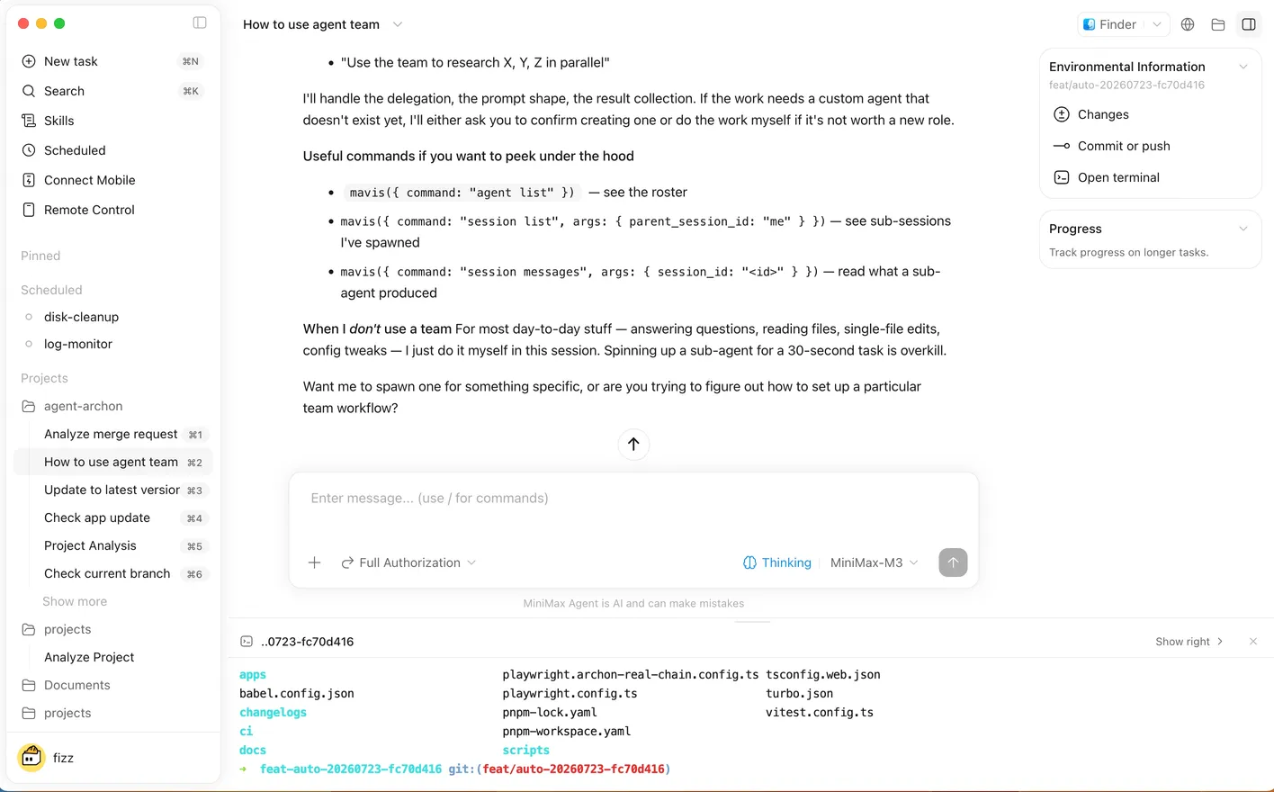 Official MiniMax Code Coding mode with Files, Changes, Terminal, and Browser panel controls