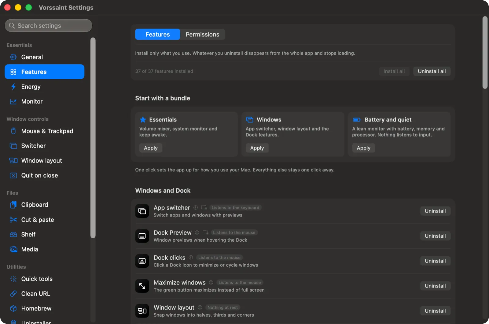 Official Vorssaint Features hub showing installed and available feature groups