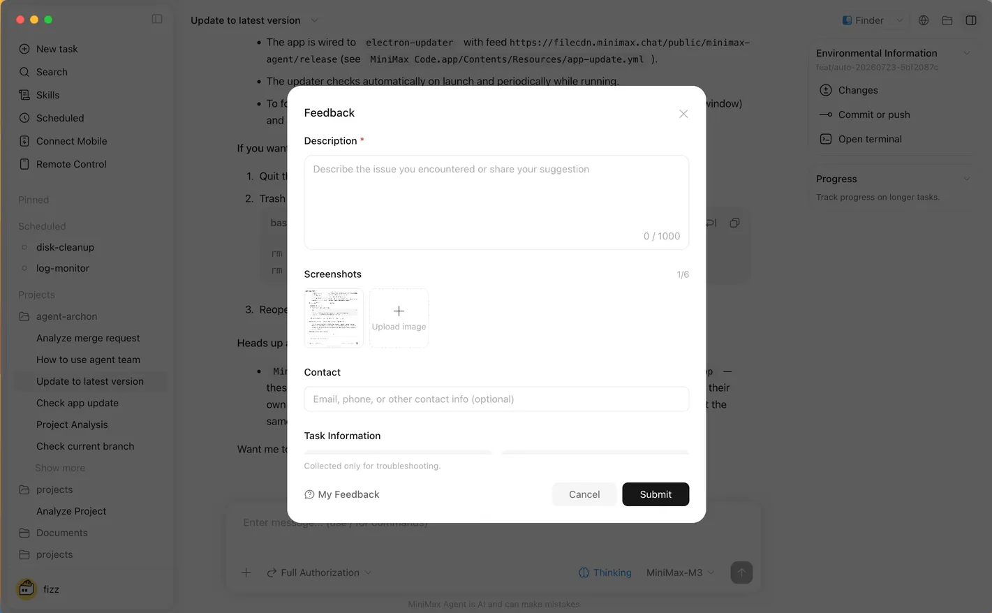 Official MiniMax Code Feedback dialog with issue description, screenshot, diagnostic, and submission controls