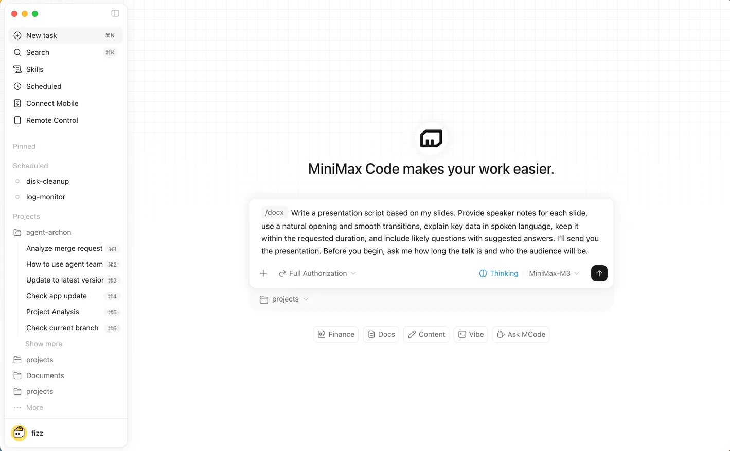 Official MiniMax Code first-task composer with workspace selection visible
