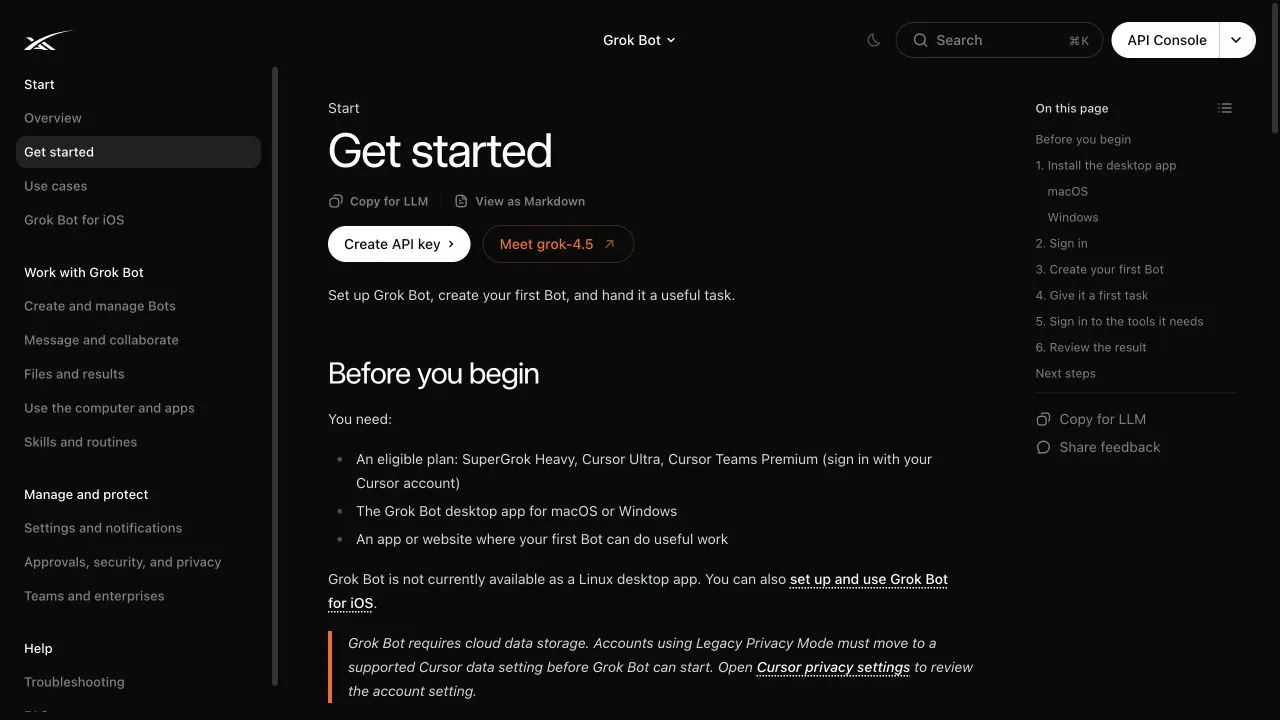 Official SpaceXAI Grok Bot Get started documentation listing eligible plans and supported desktop platforms