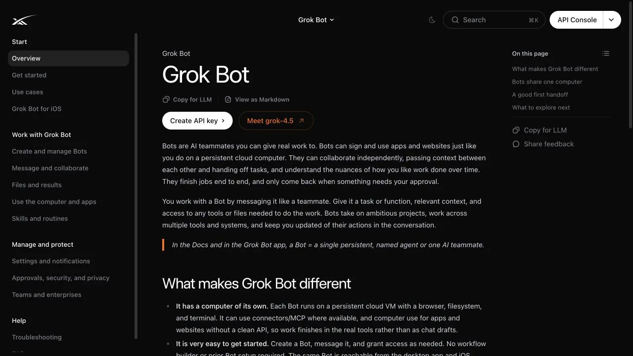 Official SpaceXAI Grok Bot documentation showing the product overview and the shared-computer explanation