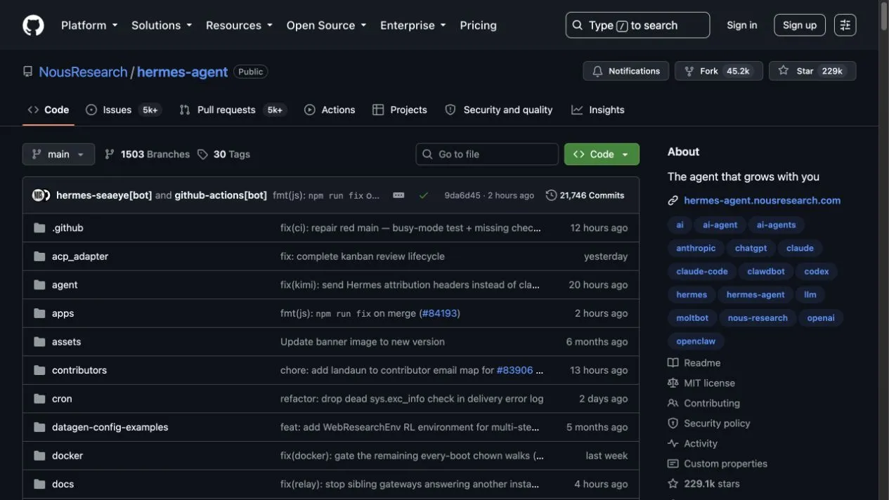 Official Nous Research Hermes Agent GitHub repository showing the open-source project and documentation links.