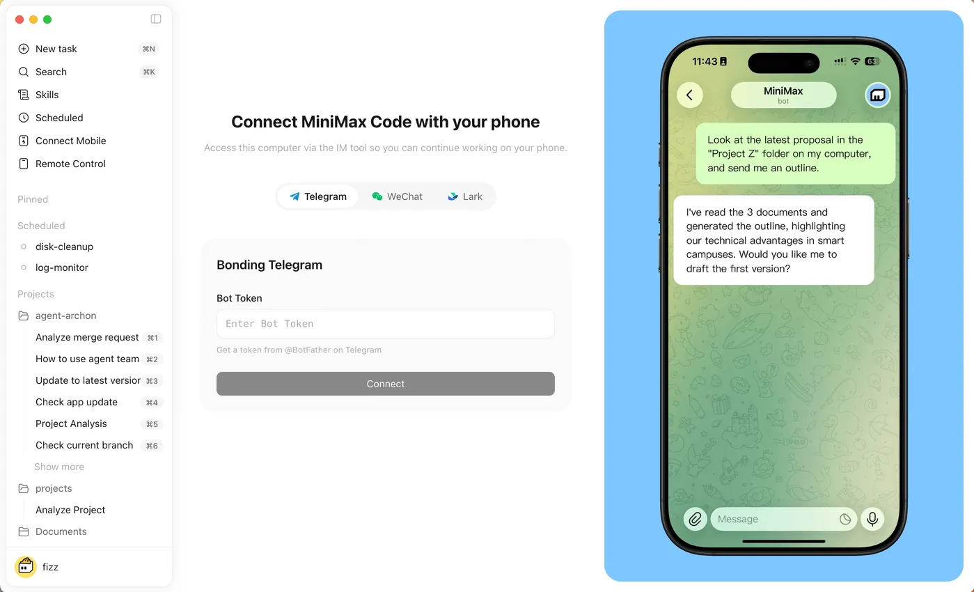 Official MiniMax Code messaging connection page showing phone-channel binding options