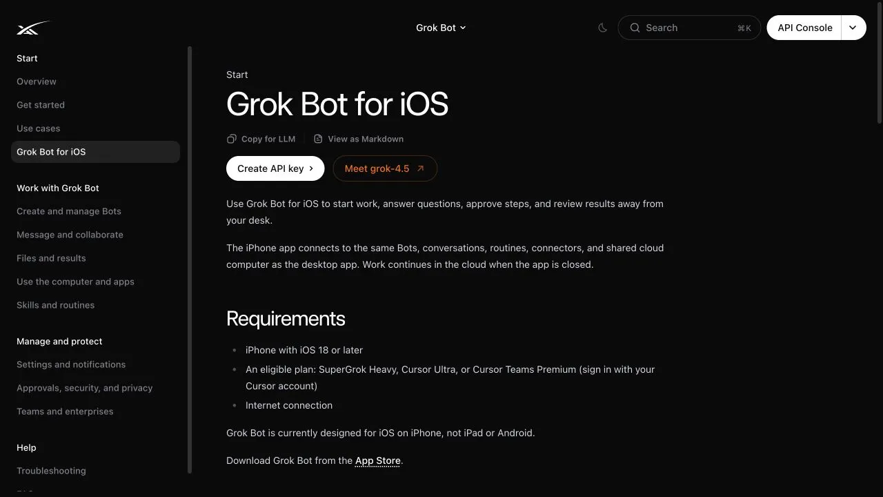 Official xAI Grok Bot documentation showing the Grok Bot for iOS guide and its setup requirements.