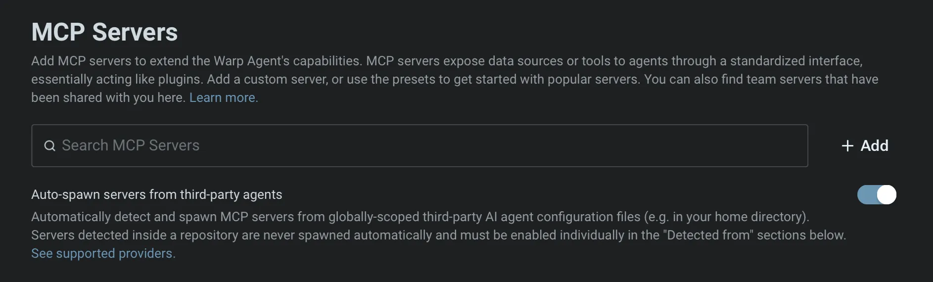 Official Warp MCP Servers settings with add and third-party auto-spawn controls