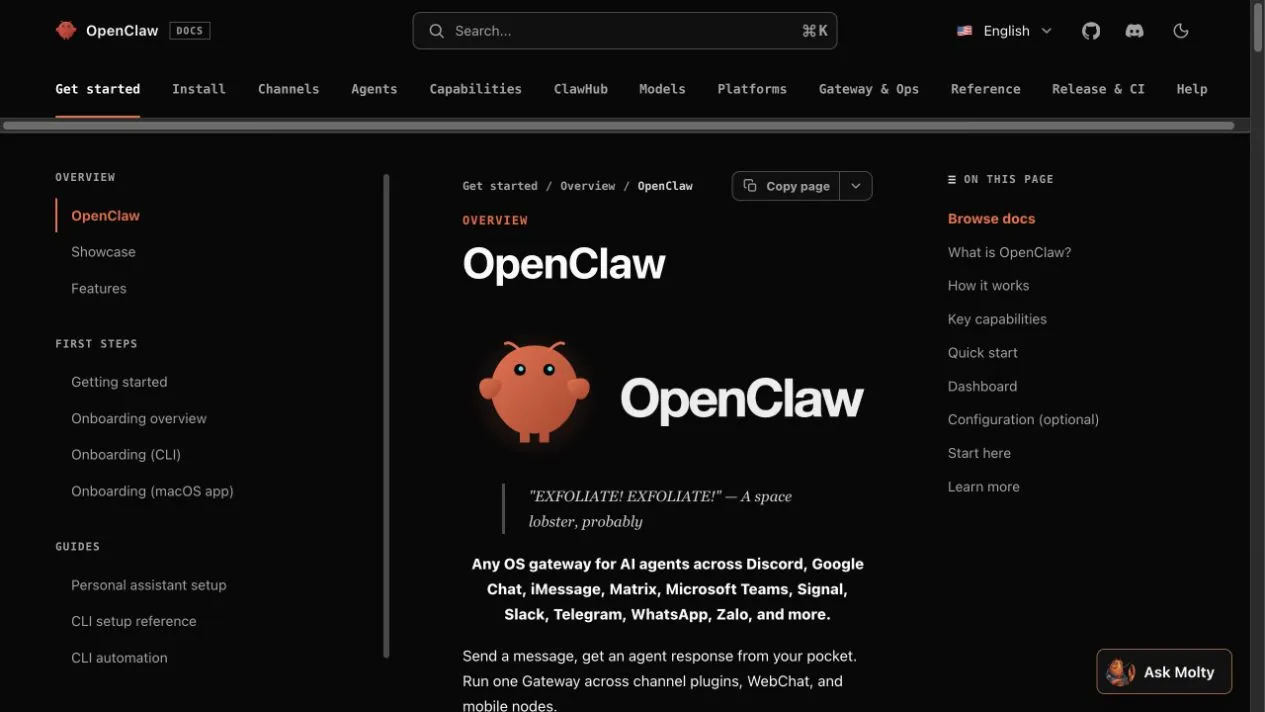 Official OpenClaw documentation showing the self-hosted gateway, supported channels, and quick-start commands.