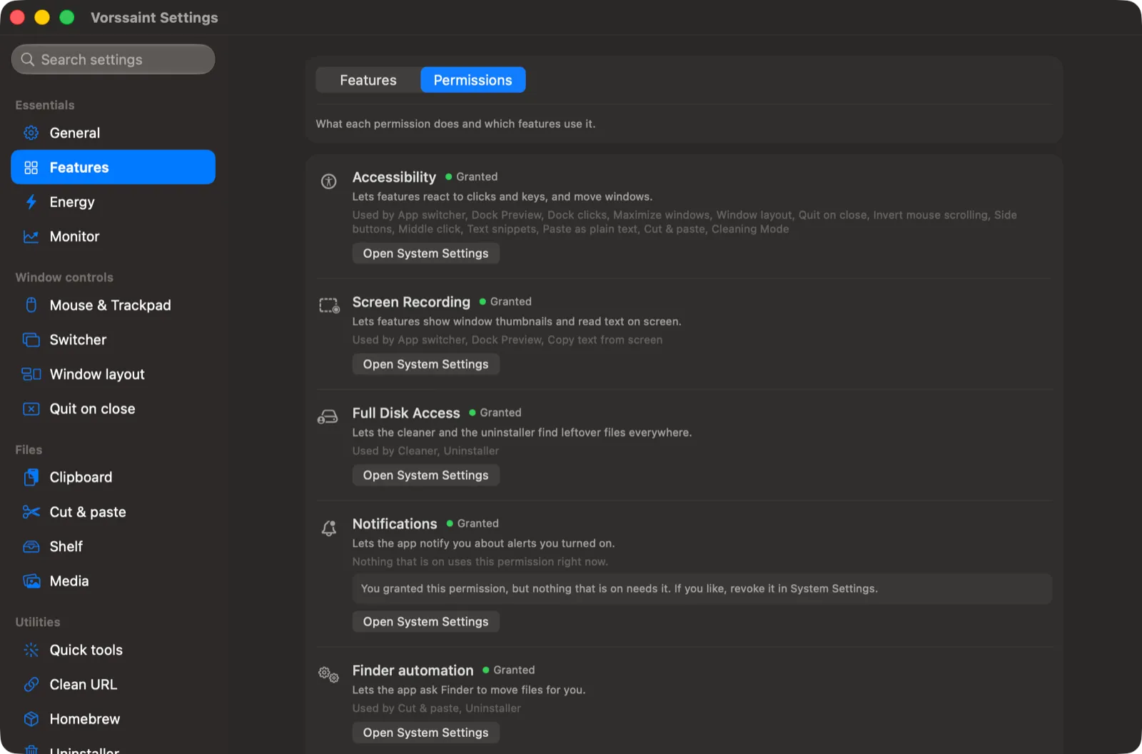 Official Vorssaint Permissions page explaining each macOS permission and the features using it