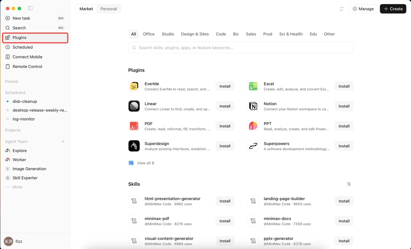 Official MiniMax Code Plugin Marketplace showing installable capability cards