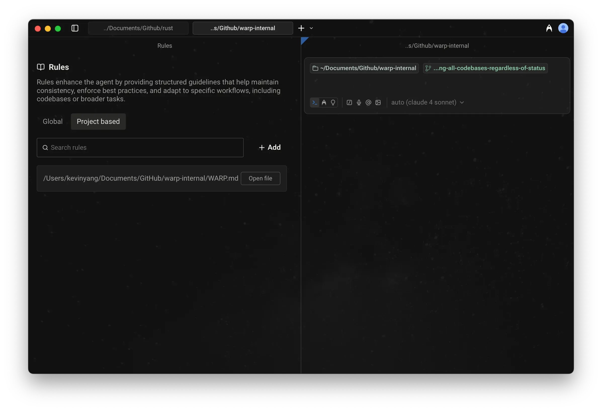 Official Warp Project Rules pane showing repository instructions available to the agent