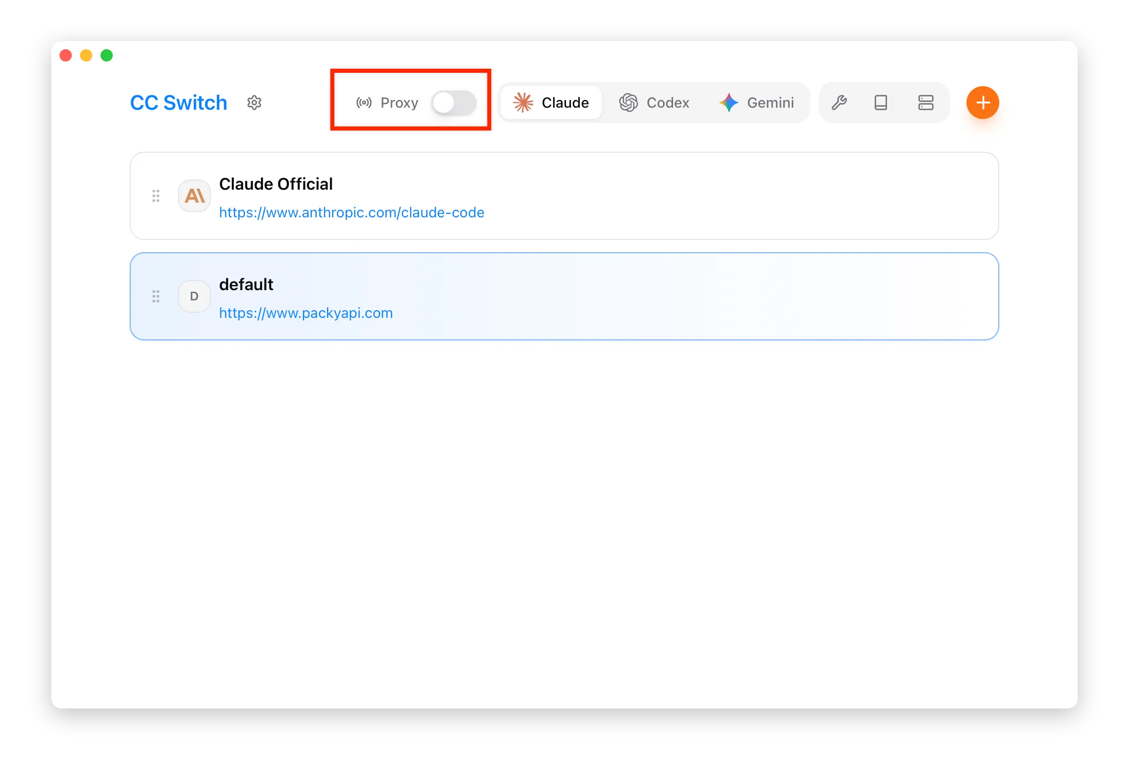 Official CC Switch local proxy panel with the service toggle and active provider controls