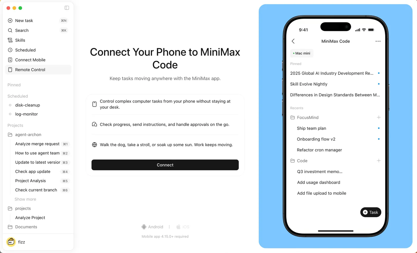 Official MiniMax Code Remote Control pairing panel for connecting a phone to a desktop Agent