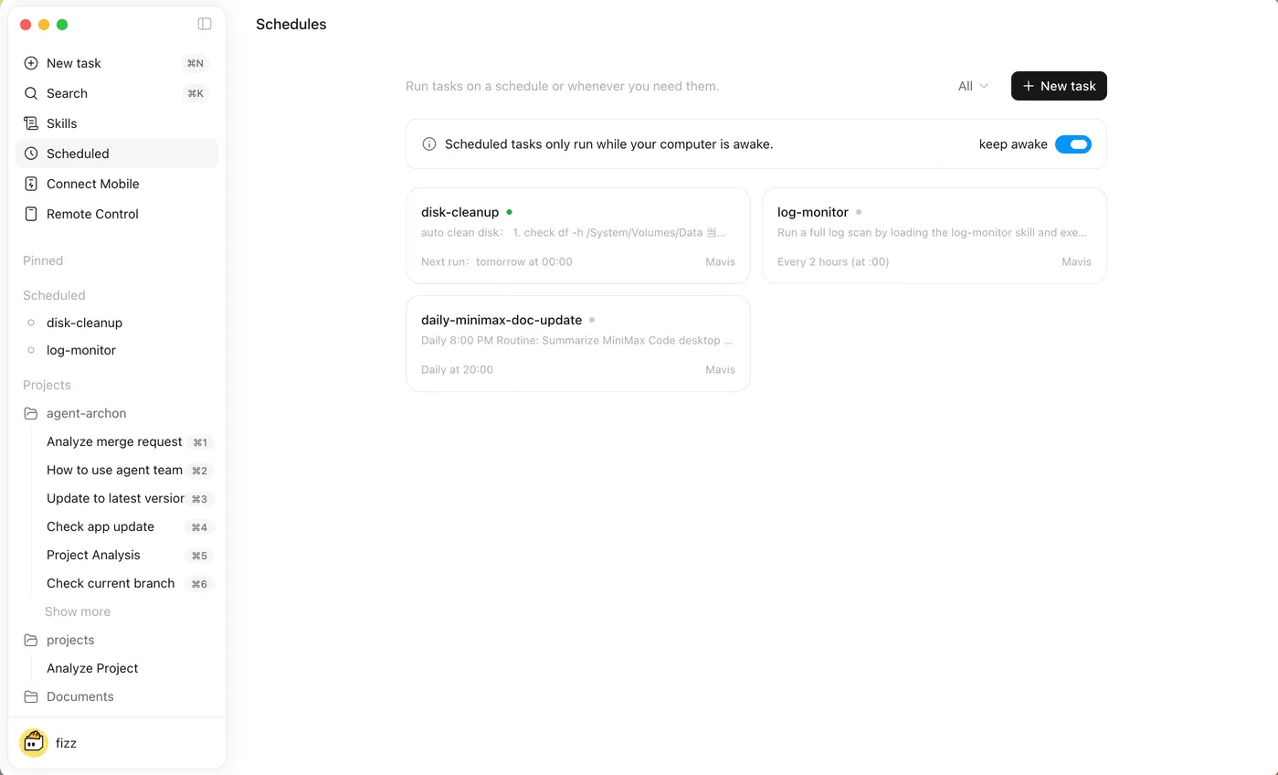 Official MiniMax Code Scheduled Tasks list with recurring task controls