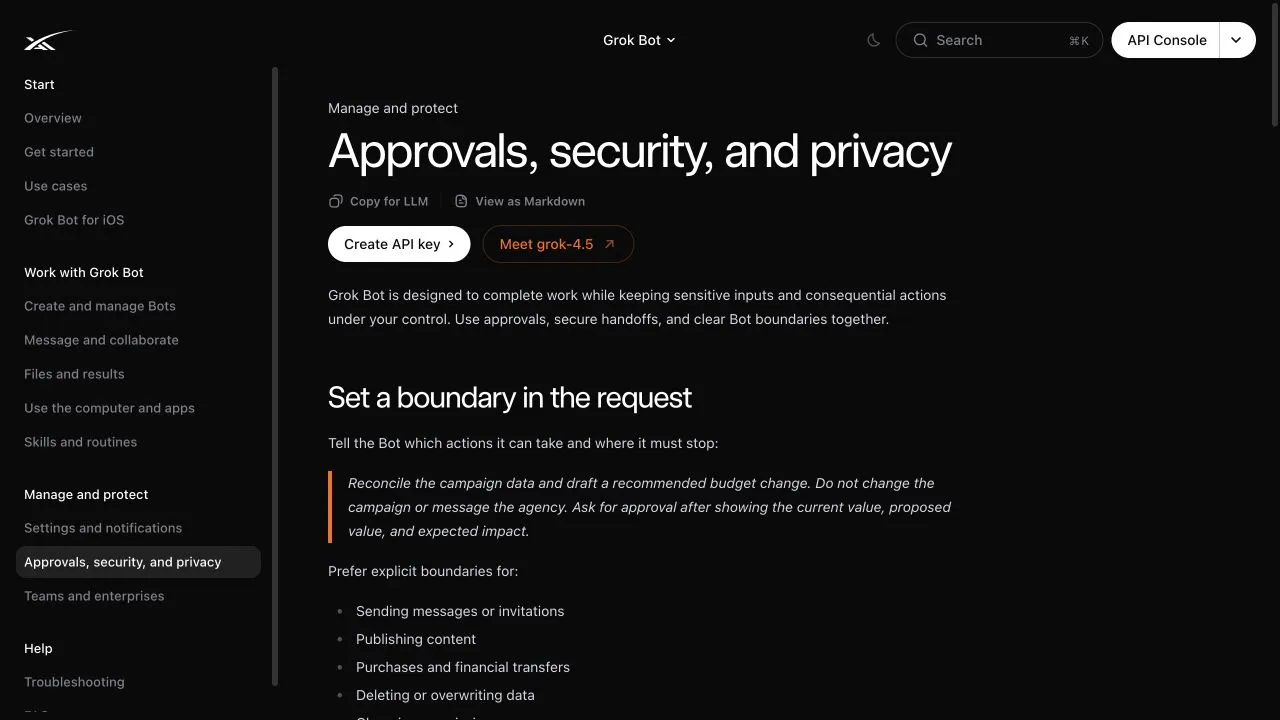 Official xAI Grok Bot documentation covering approvals, security, privacy, and the shared-computer boundary.