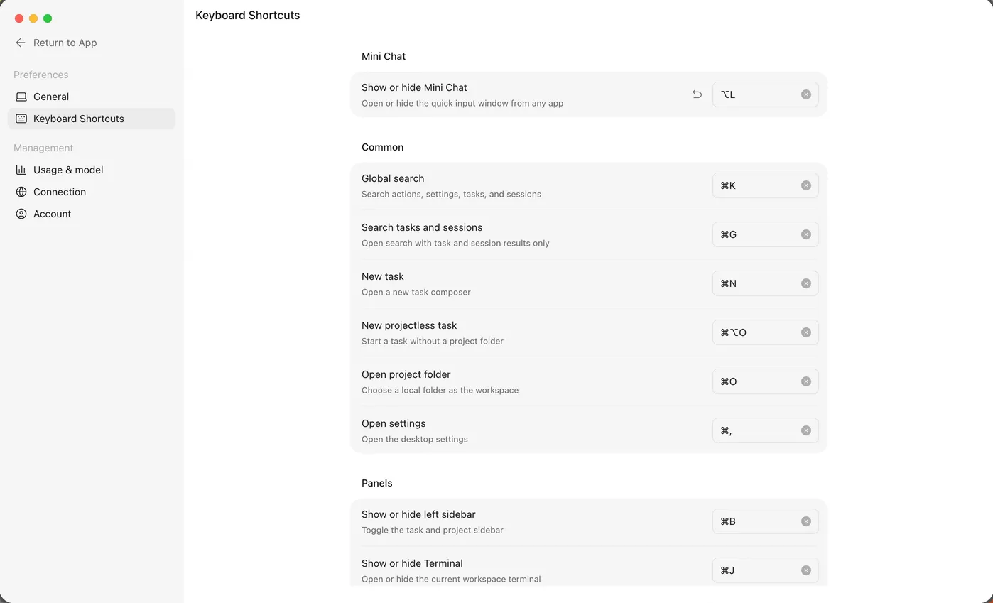 Official MiniMax Code shortcut settings page with configurable actions and key bindings