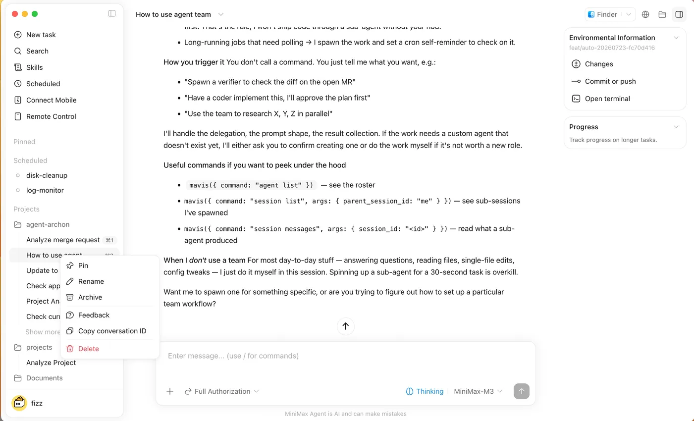 Official MiniMax Code sidebar with search, pinned tasks, project history, schedules, and archive