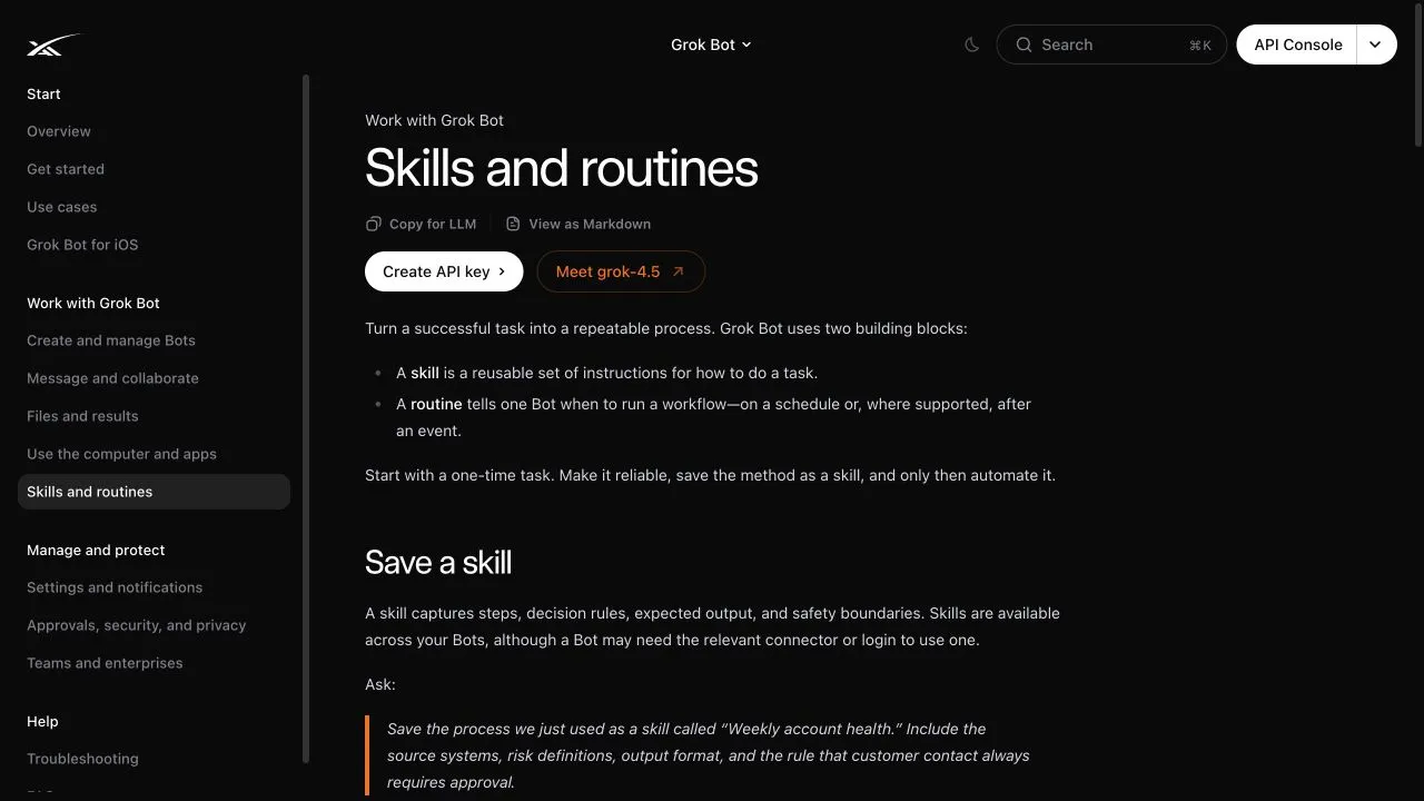 Official SpaceXAI documentation defining skills and routines and recommending that users first make a one-time task reliable