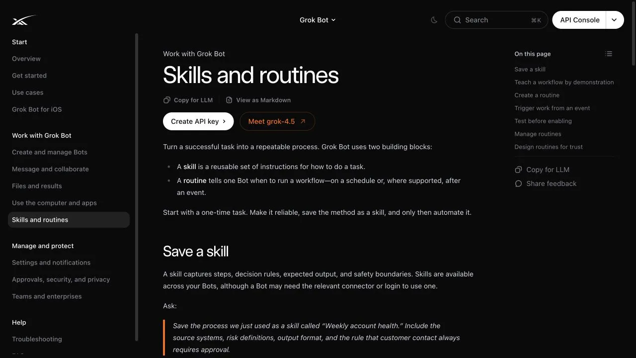 Official xAI documentation showing the Grok Bot skills and routines guide.