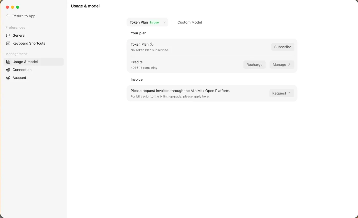 Official MiniMax Code Usage and Model settings showing plan, credit, quota, and model information