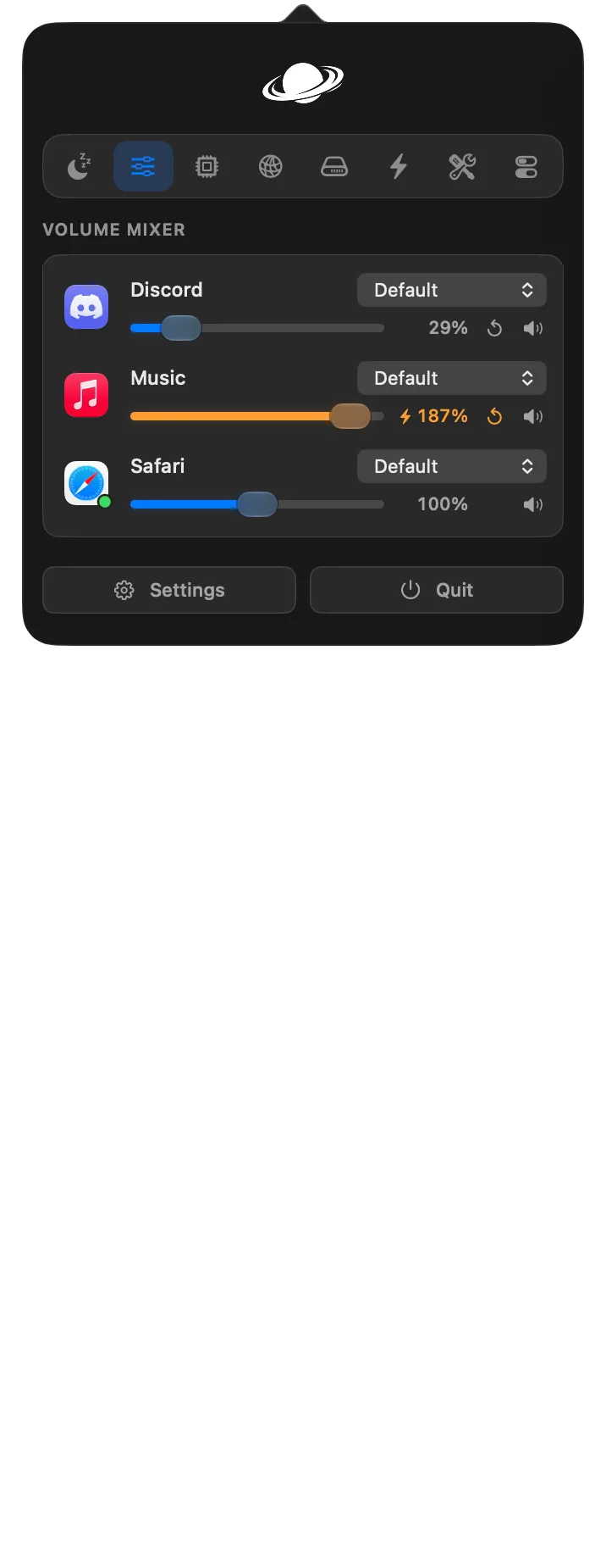 Official Vorssaint per-app volume mixer with separate application sliders and output controls