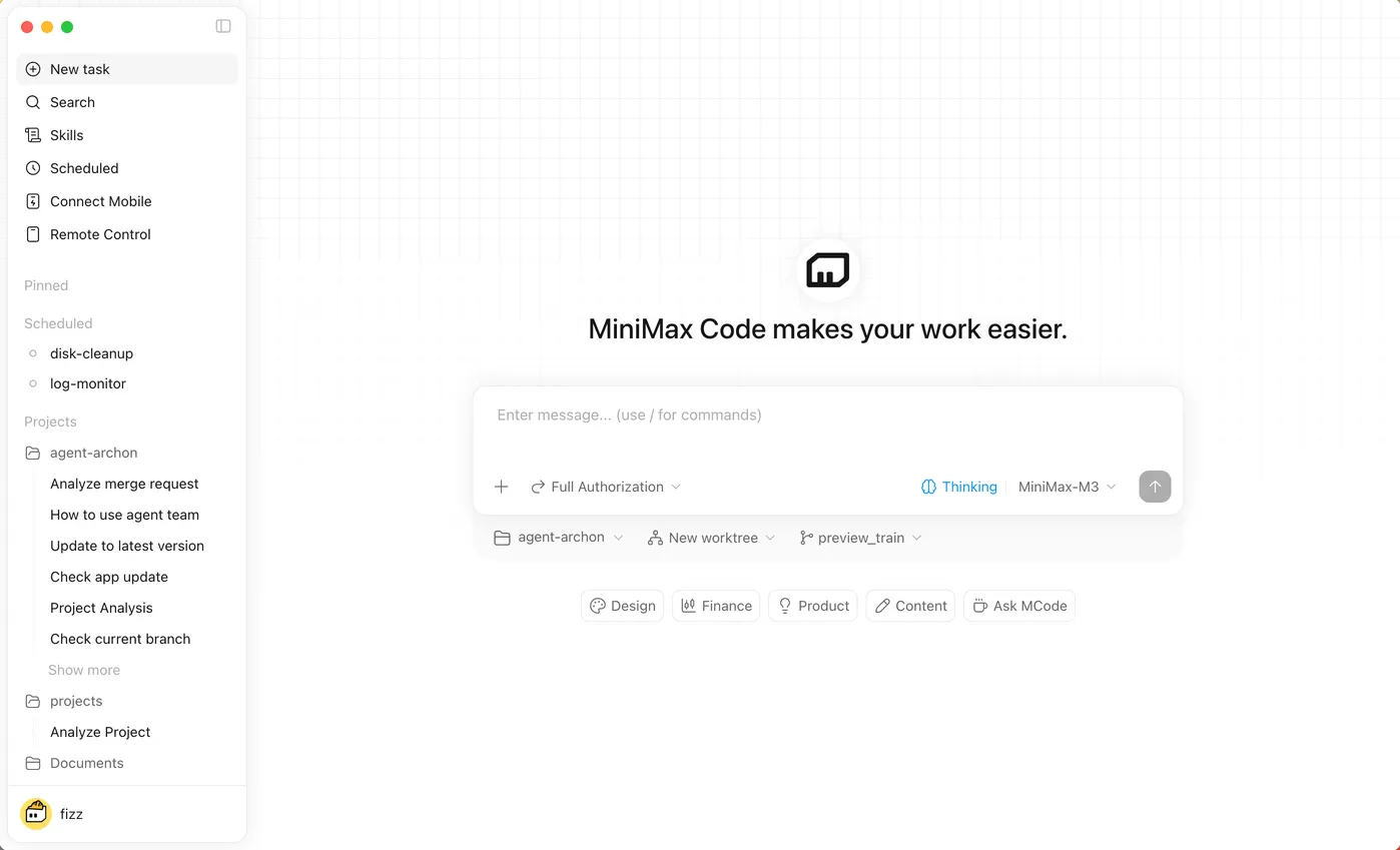 Official MiniMax Code welcome screen with the task composer and workspace controls