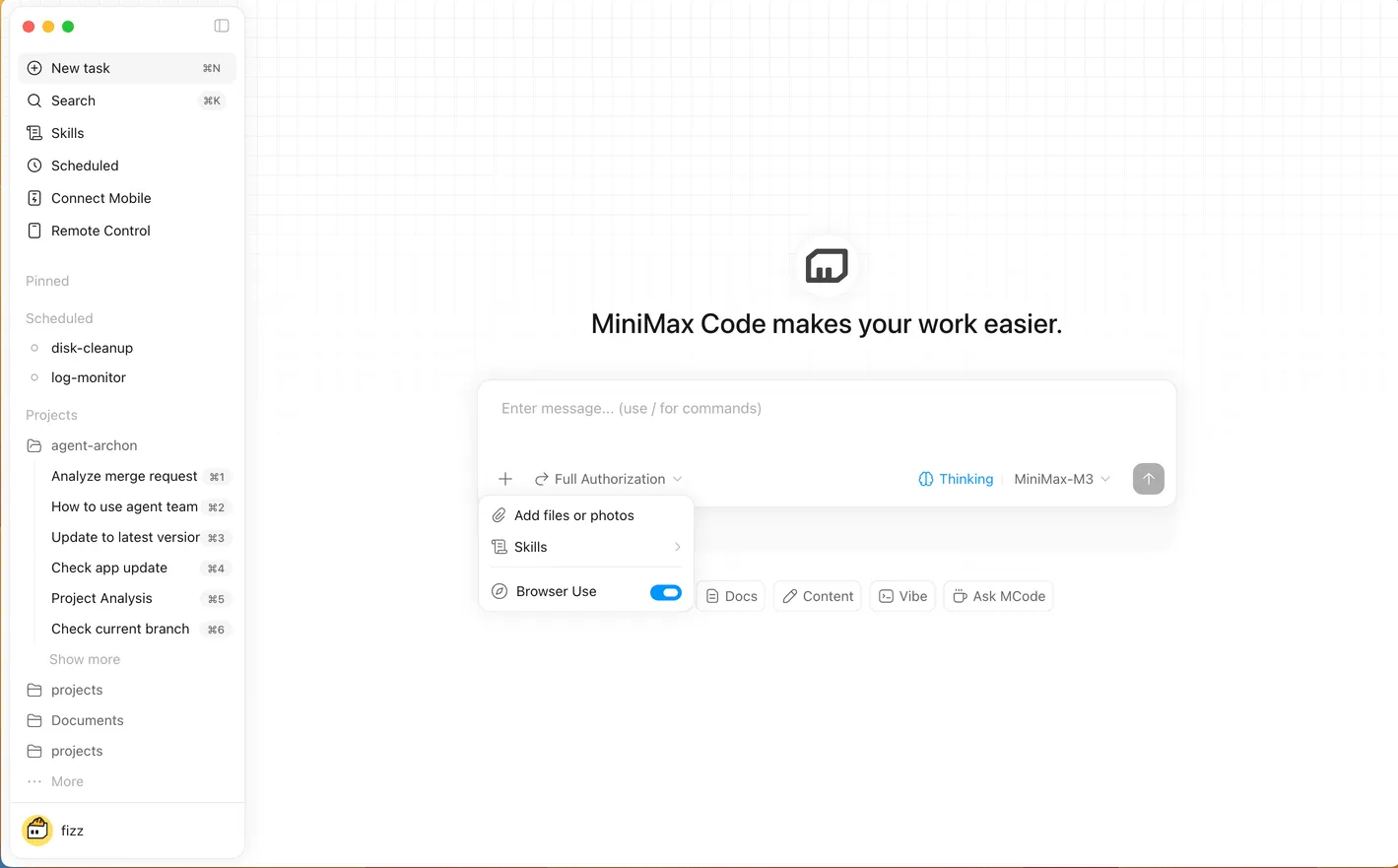 Official MiniMax Code workspace picker used to choose the folder for a task