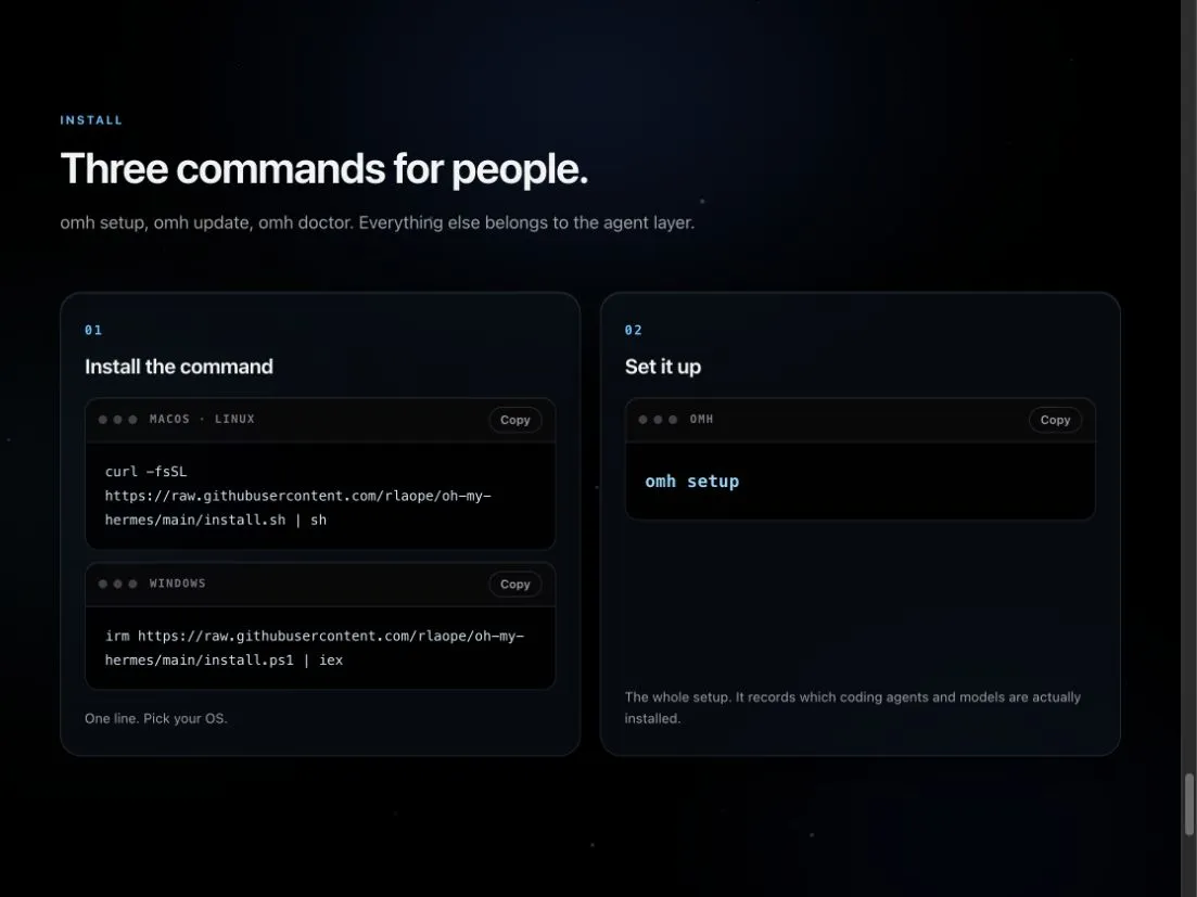Screenshot of the official Oh My Hermes install section showing the macOS, Linux, Windows, and setup commands