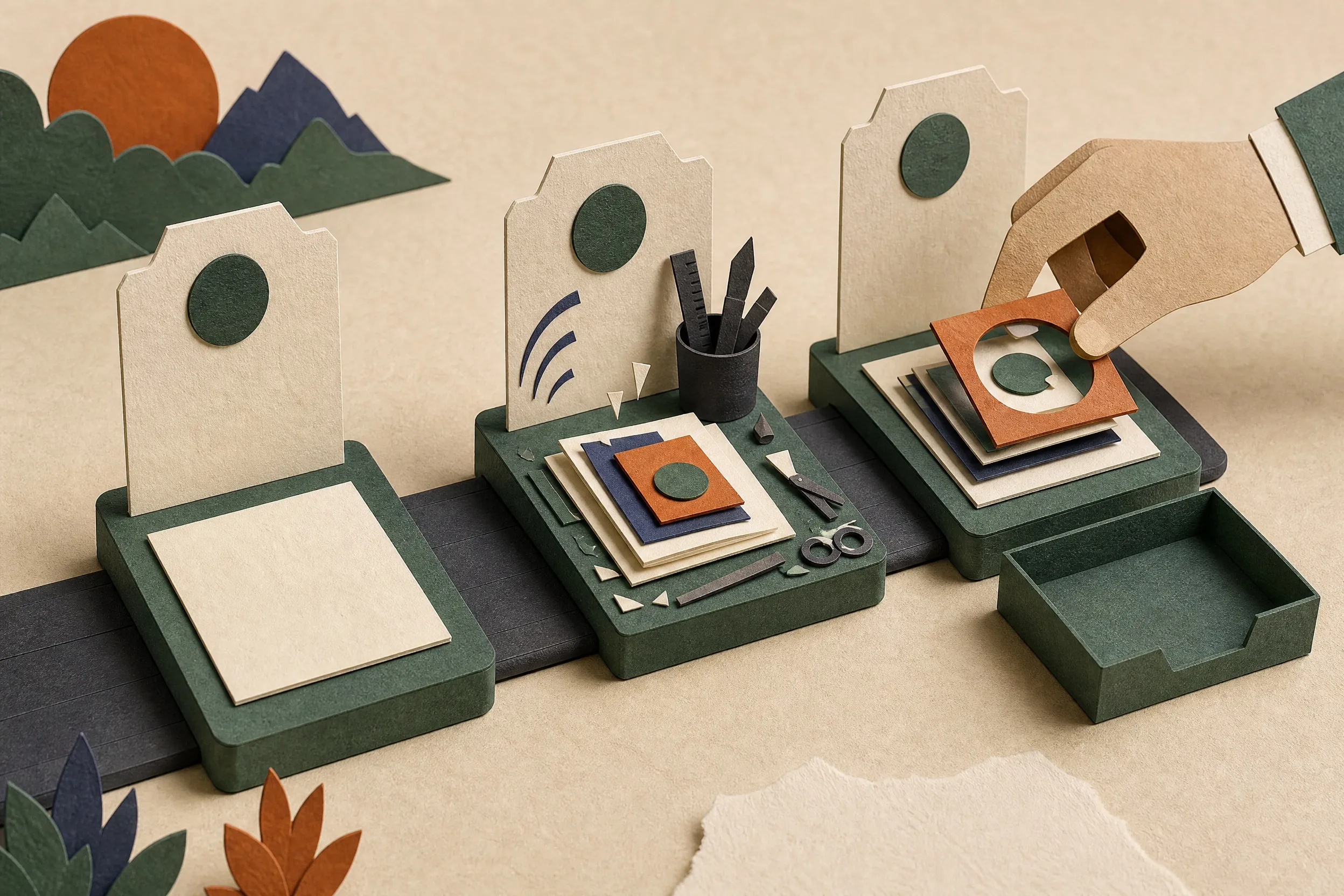 Hand-cut paper diorama showing an untouched plan at the first station, active construction at the second, and a human inspection step before the finished tray