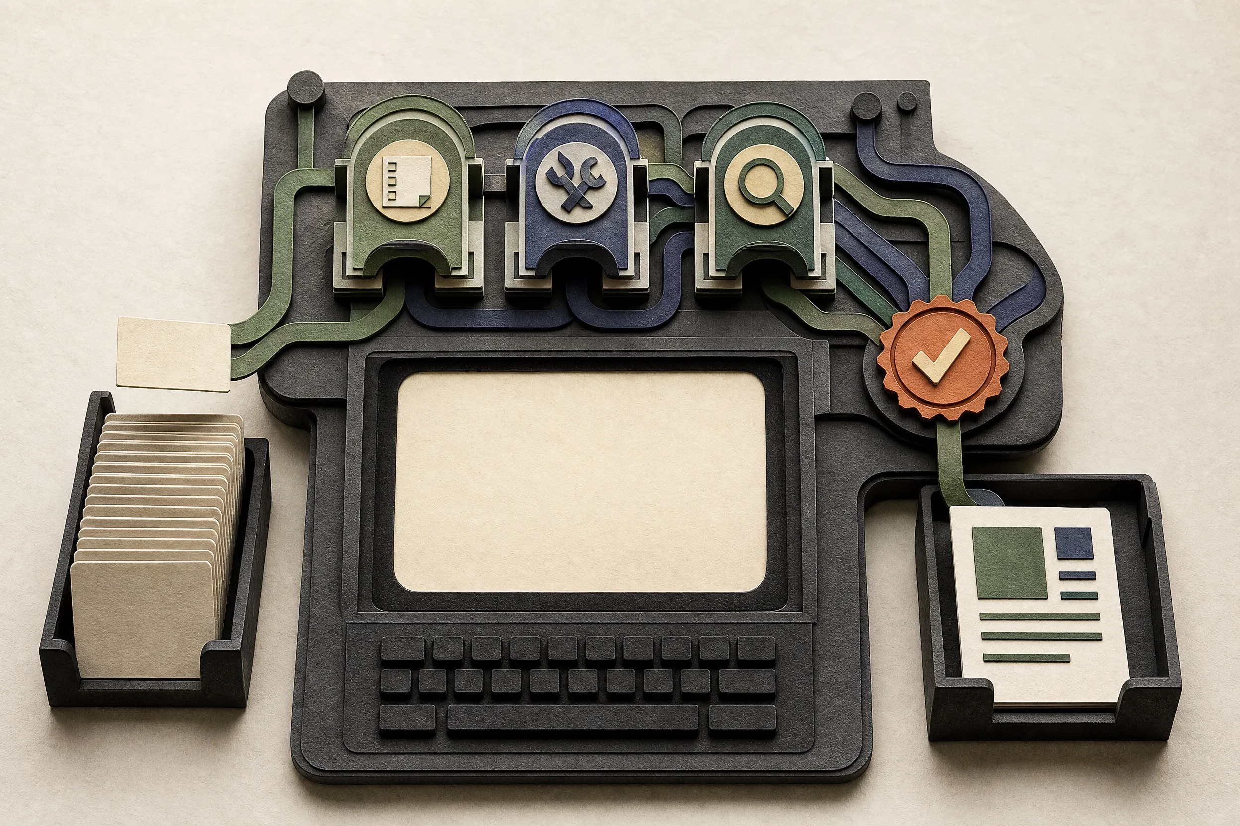 Hand-cut paper diorama of a blank request entering three routing gates above a terminal, converging at an orange verification seal, and leaving as a finished artifact