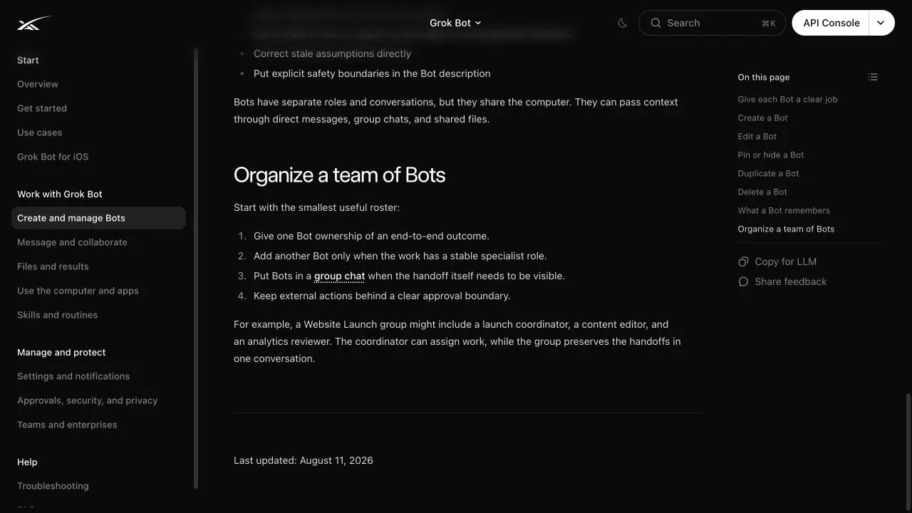 Official SpaceXAI documentation recommending the smallest useful Grok Bot roster and clear approval boundaries