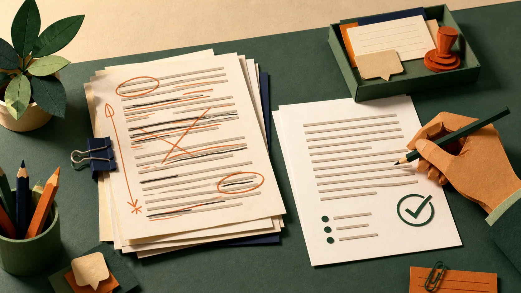 A hand-cut paper editor compares a marked-up draft with a clean final page at a desk.