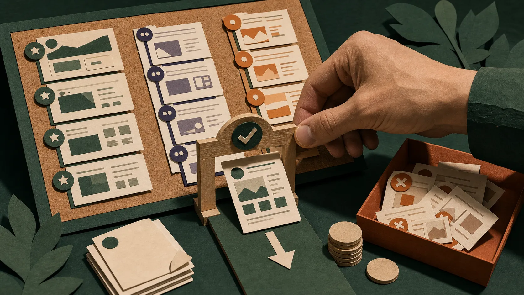 Hand-cut paper review board where a selected website concept passes through a check-marked gate while weaker cards are discarded beside a stack of coins.