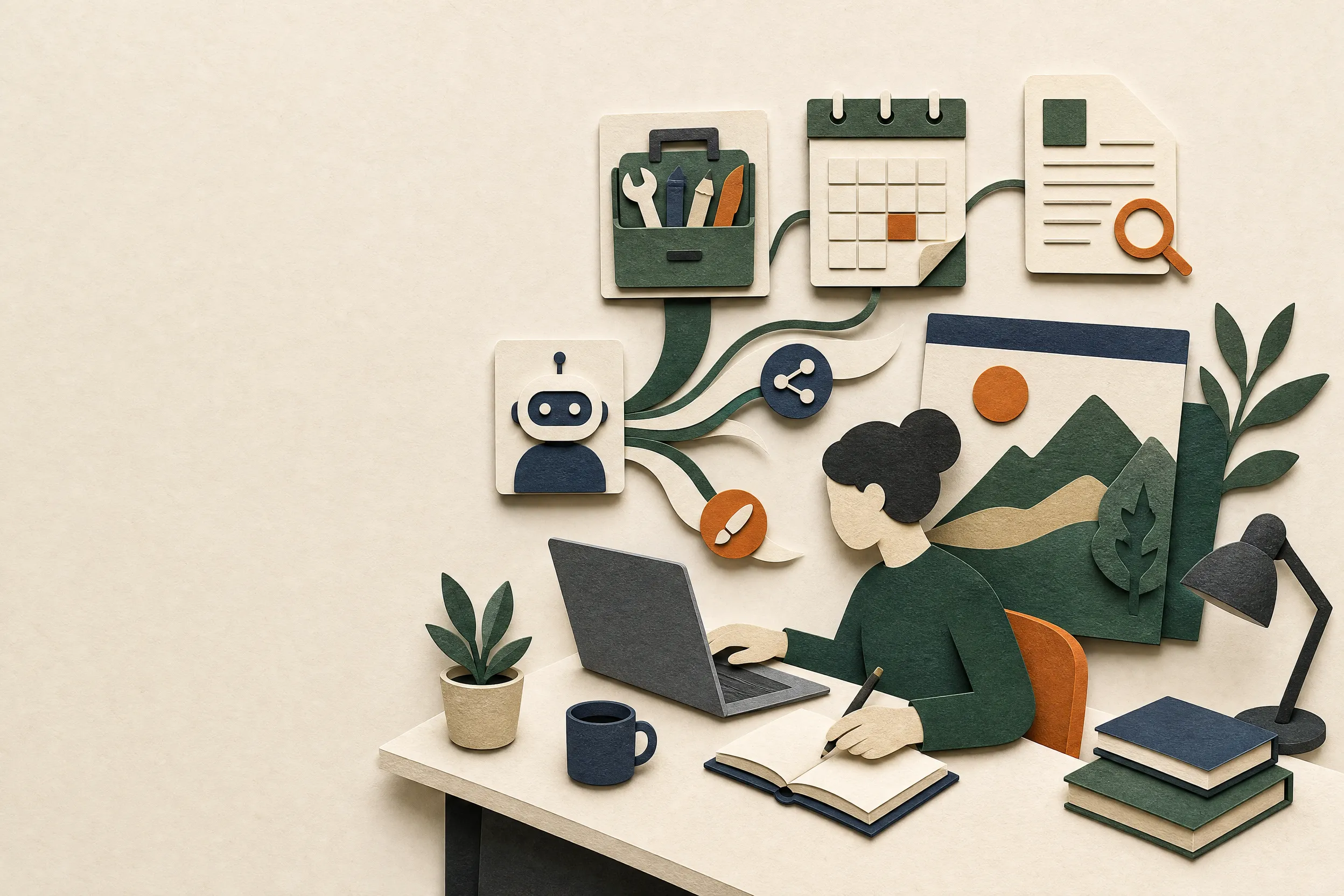 A paper-cut learner works at a desk while an AI assistant connects their tools, research, schedule, and project.