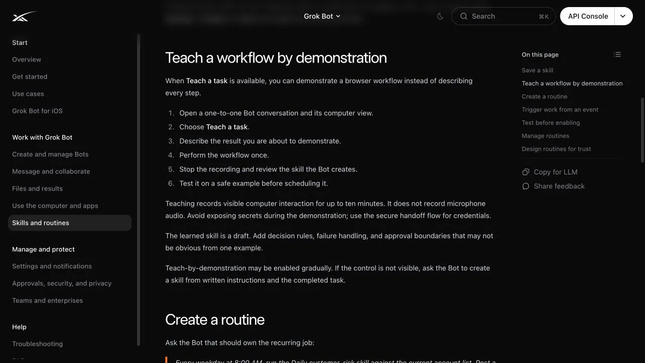 Official SpaceXAI documentation showing the six steps for teaching Grok Bot a workflow by demonstration