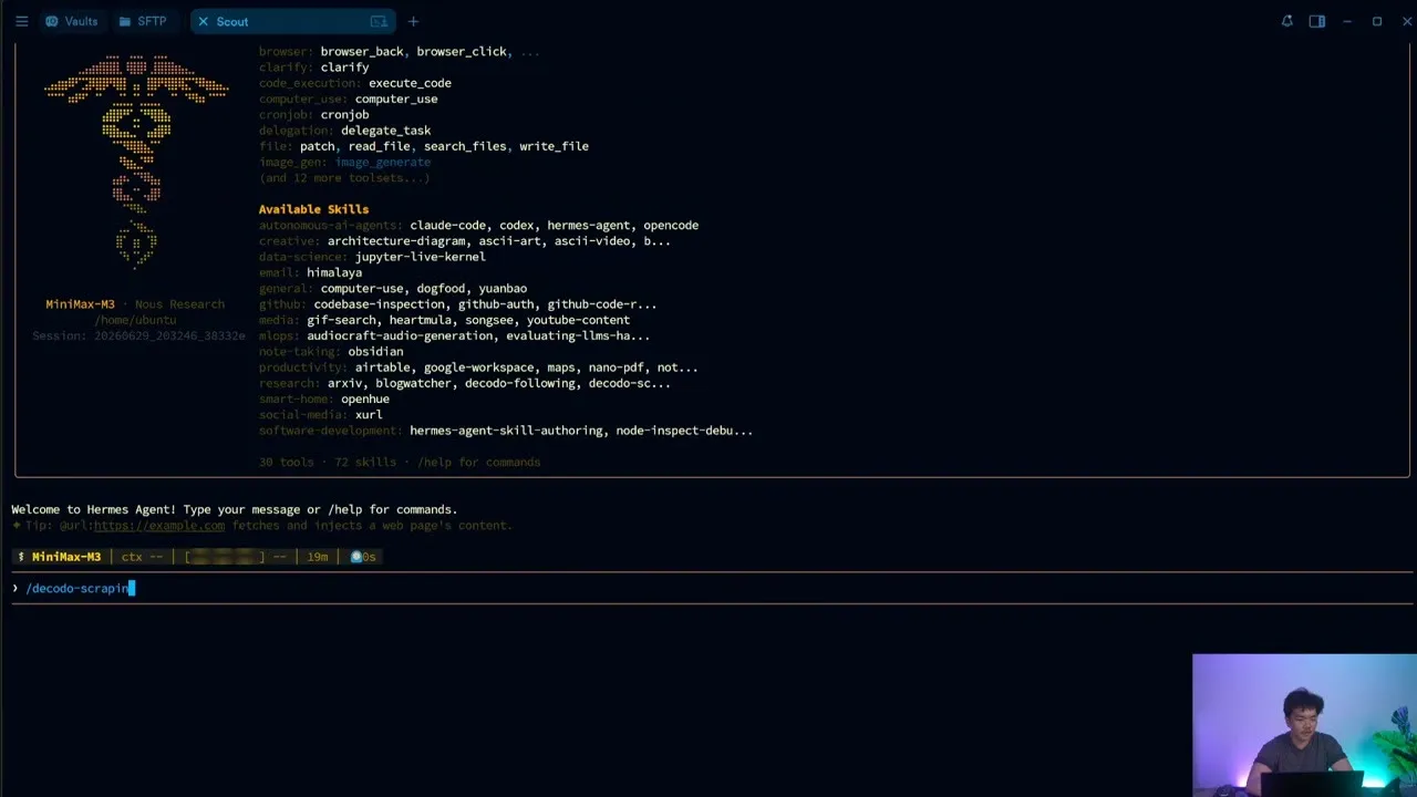 Hermes Agent terminal from the source video with the Decodo scraping Skill being invoked before the Amazon comparison.
