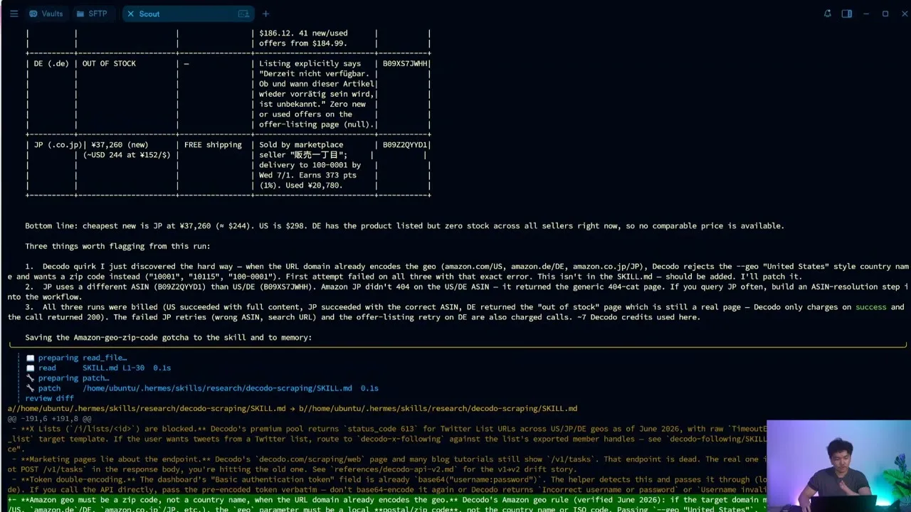 Hermes Agent terminal showing the completed three-market Amazon comparison and the ZIP-code lesson being added to the reusable workflow.
